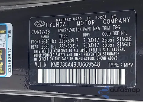 2018 Hyundai Tucson Sel z USA, uszkodzony, nr VIN KM8J3CA49JU669548